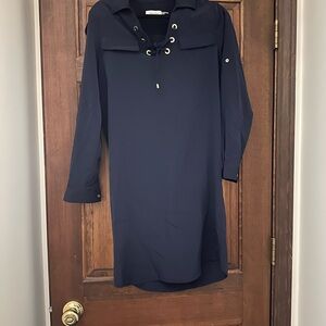 Calvin Klein Navy Long Sleeve Dress with Gold Accents